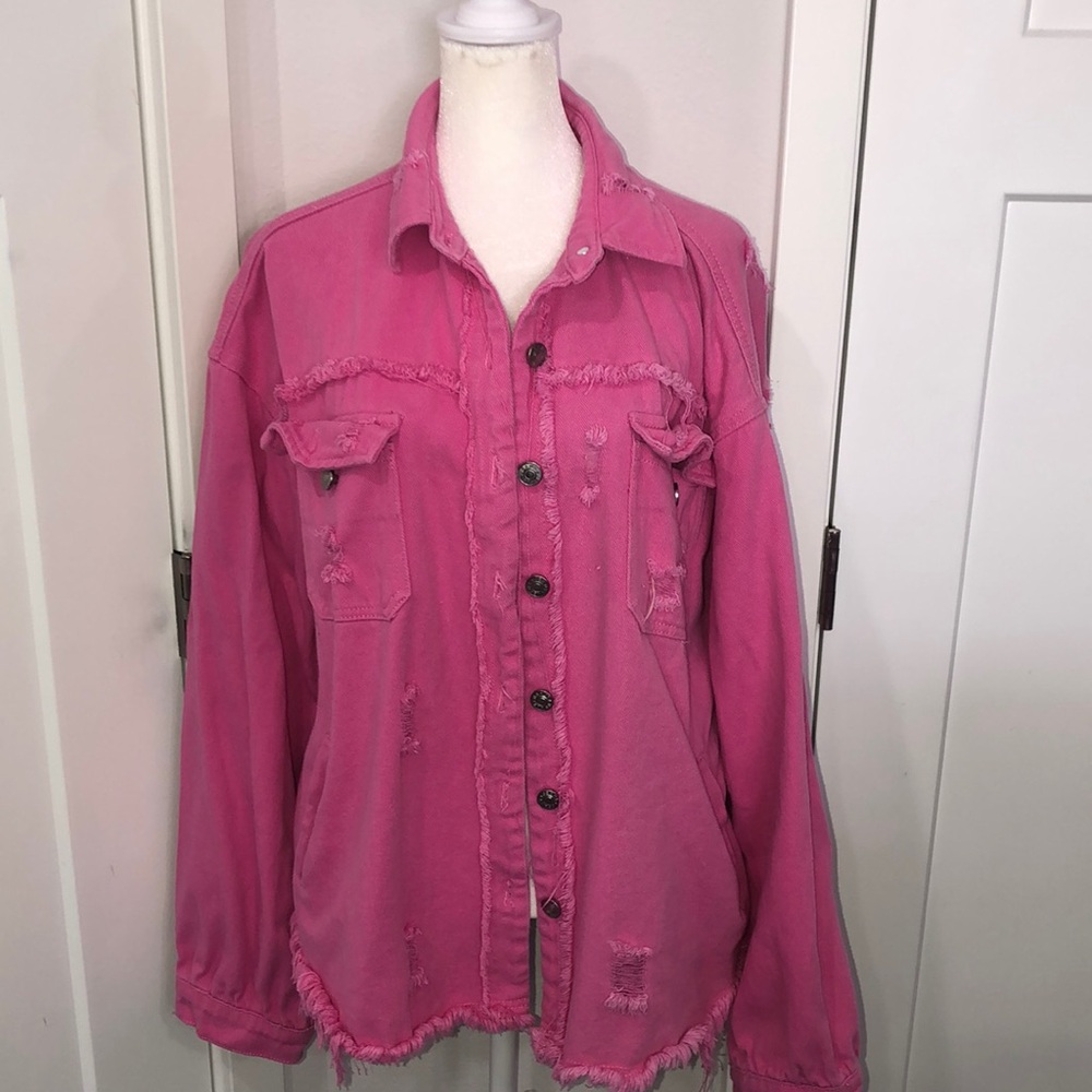 Women’s Oversize Frayed Lightweight Denim Jacket Size XL.  Bubble gum pink. - Picture 3 of 17